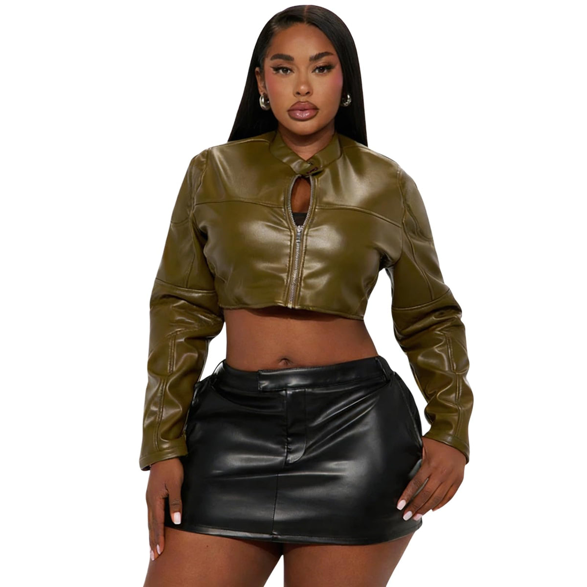 Charyeah Women's Faux Leather Jacket Cropped Leather Jacket Women Bomber Motorcycle Jacket y2k Jacket (US, Alpha, Small, Regular, Regular, Olive Green)