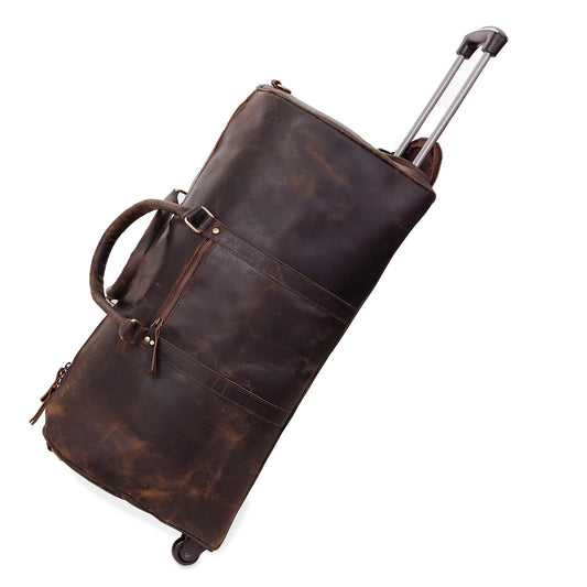 24" Large Vintage Leather Rolling Duffel Bag – Genuine Buffalo Leather Trolley Bag for Men & Women – Oversized Weekender Travel Bag with Concealed Handle & Detachable Shoulder Strap