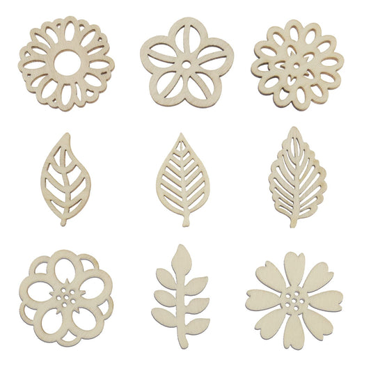 Micro Traders 100PCS Flower & Leaf Shapes Wooden Slices Wooden Embellishments Decorative Wood Chips Ornaments for DIY Scrapbooking Card Making Crafts