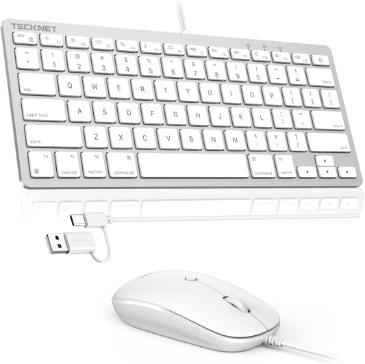 TECKNET Set USB Wired Keyboard and Mouse for Mac, Dual Interface(Type-C and USB A), Ergonomic Slim Keyboard Compatible