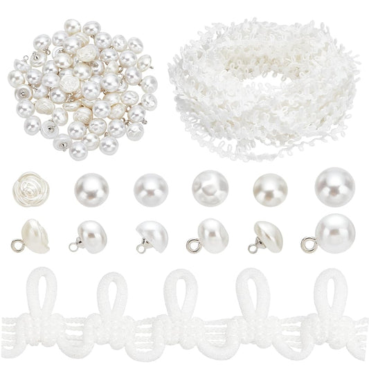 PH PandaHall 20 Yards White Wedding Dress Button Loops Petite Braid Trim Tassel Fringe Lace Trim with 60pcs Pearl Buttons Sewing Dress Zipper Extender for Costume Crafts Sewing Wedding Bridal Dress