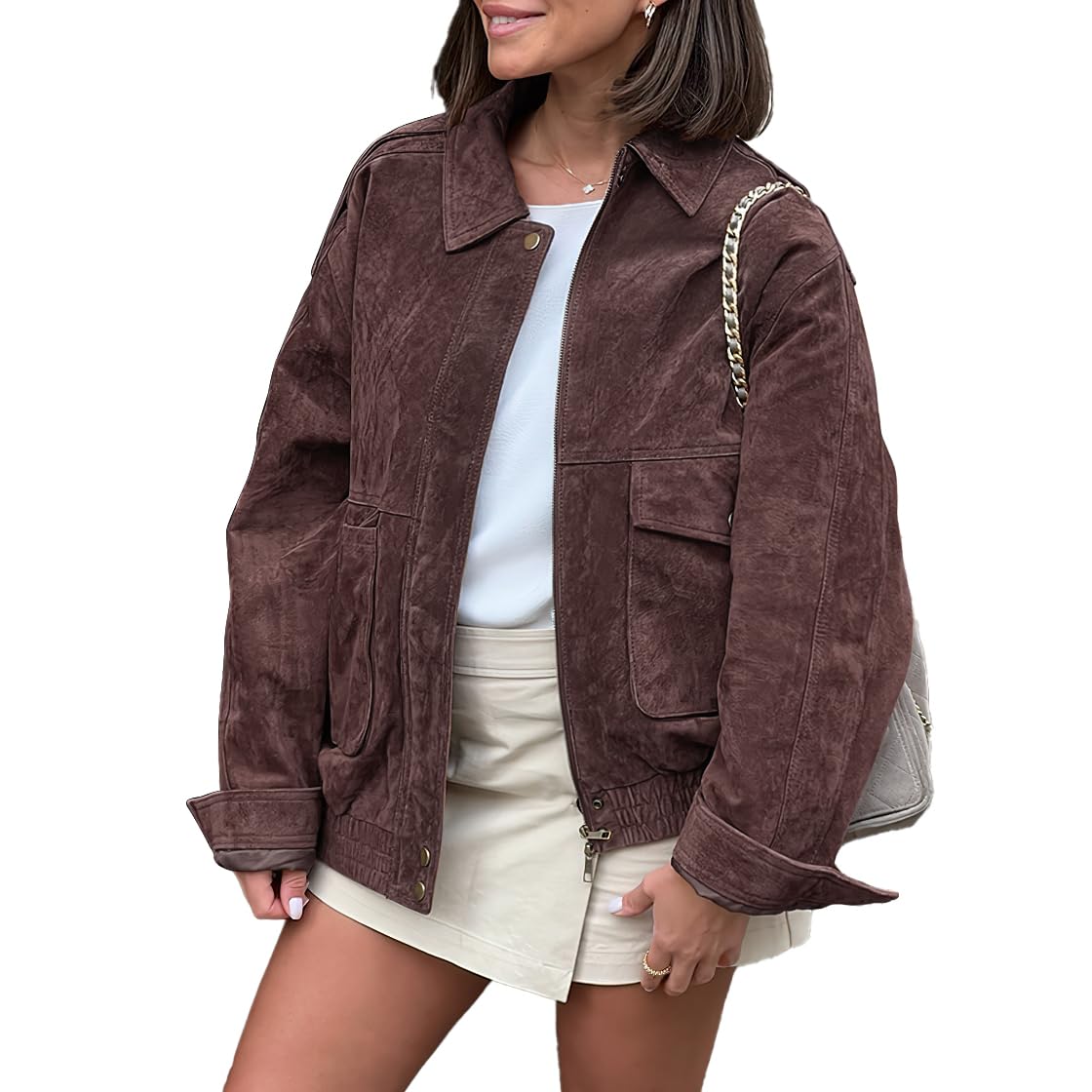 chouyatou Women Vintage Faux Suede Jacket Zip Up Bomber Jacket Lapel Collar Cropped Biker Moto Jacket Coat (X-Large,Coffee)