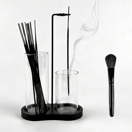 2 in 1 Black Incense Holder for Sticks with Glass Ash Catcher, Anti-Ash Incense Burner for Yoga Meditation Spa, Sleek Minimalist Decor & Incense Holder for Men, Includes Ash Brush