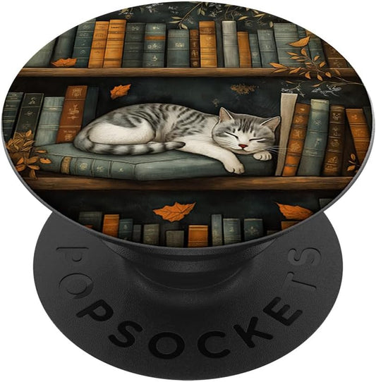 Bookish Accessory for Reading Books Book Bookshelf Library Cat Fall Autumn Bookish PopSockets Adhesive PopGrip