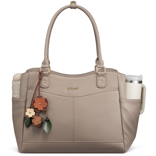 LOVEVOOK Laptop Bag for Women, 15.6inch Original Vintage Work Tote Bag Computer Office Teacher Bag with Large Cup Holder,Milk Gray