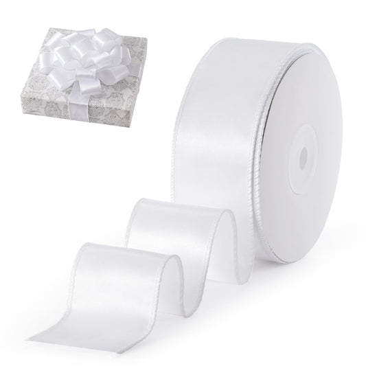FAKILO White Satin Wired Ribbon 1.5 Inch X 20 Yards White Christmas Ribbon Wired for Gift Wrapping Christmas Tree Decoration Bows Making Wreath DIY Crafts Wedding Decor and Home Decor