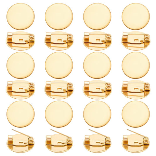 UNICRAFTALE 24Pcs 18K Gold Plated Flat Brooch Base Pad Trays 15mm Stainless Steel Brooch Clasps Pin Back Metal Safety Pin Disk Base Brooches Settings for Craft Jewelry Making Accessories
