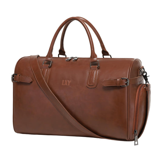 Vegan Leather Duffle Bag, LXY Travel Duffle Weekender Bag with Shoe Compartment, Duffel Overnight Gym Bags for Women Men Brown