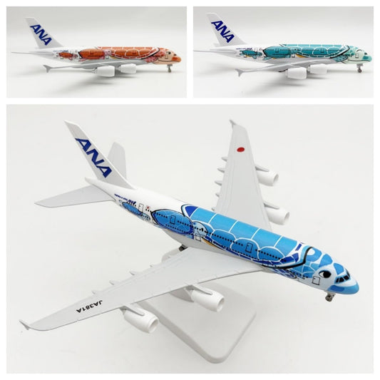 ANDSYYDS 20CM / 8 Inch A380 ANA Sea Turtle Metal Airplane Model,Sea Turtle Aircraft Model Kit with Display Stand for Adult Aviation Gifts or Alloy Airplane (Blue)