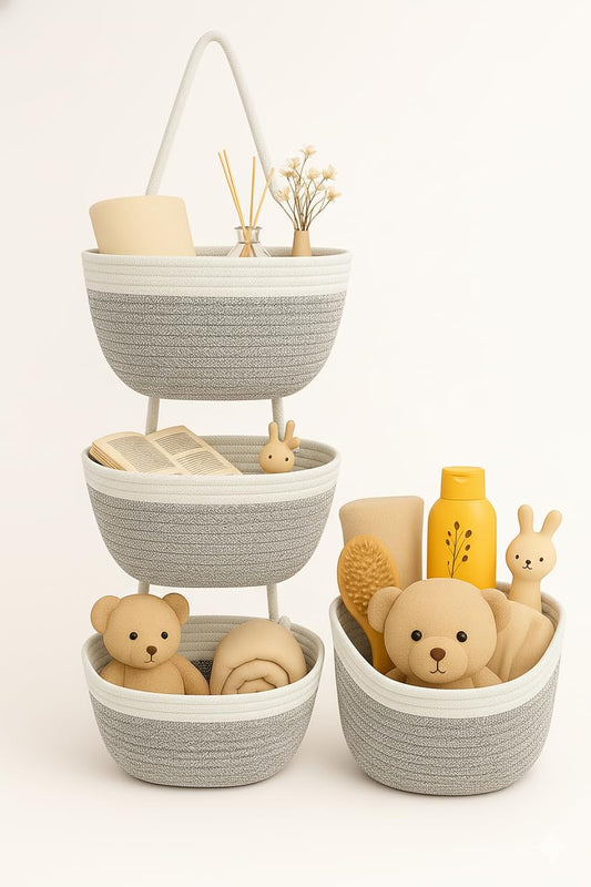 Japanese Handmade Cotton Rope Hanging Basket Organizer – 3 Tier Wall boho Storage Organizer for Toys , Snacks & Décor – Eco-Friendly Coiled Weaving Craft, Housewarming & Shower Gift (White&beige)