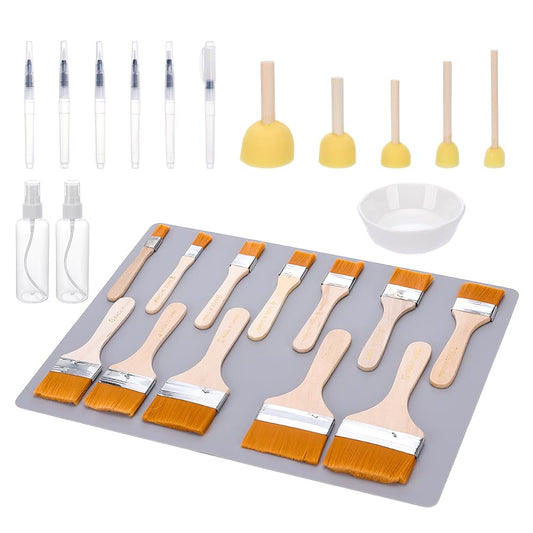 WEBEEDY 27 Pcs Decoupage Tool Set Professional Paper Craft Kit with 5 Sponge Brushes, 12 Wooden Brushes, 6 Water Pen, 2 Spray Bottle & Silicone Table Mat for Scrapbook DIY Art Crafts Supplies