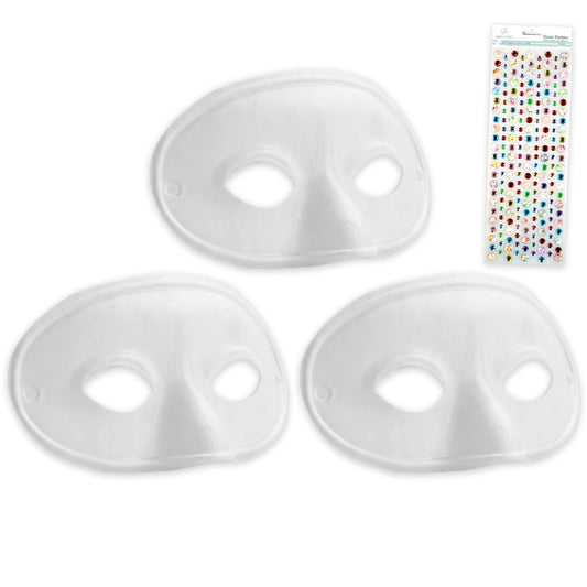 White Masquerade Masks 3 Pack - Bundle with 3 White DIY Craft Masks for Mardi Gras, Halloween, Cosplay Party Plus Gem Stickers | Bulk Paper Mache Masquerade Accessories