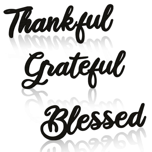 Zaruatu 3 Pcs Unfinished Wood Thanksgiving Cutout Thankful Grateful Blessed Word Sculptures Sign Wooden Letter Decorations for Wreath DIY Crafts Door Hanger Wall Art Decor (Black-Thankful)