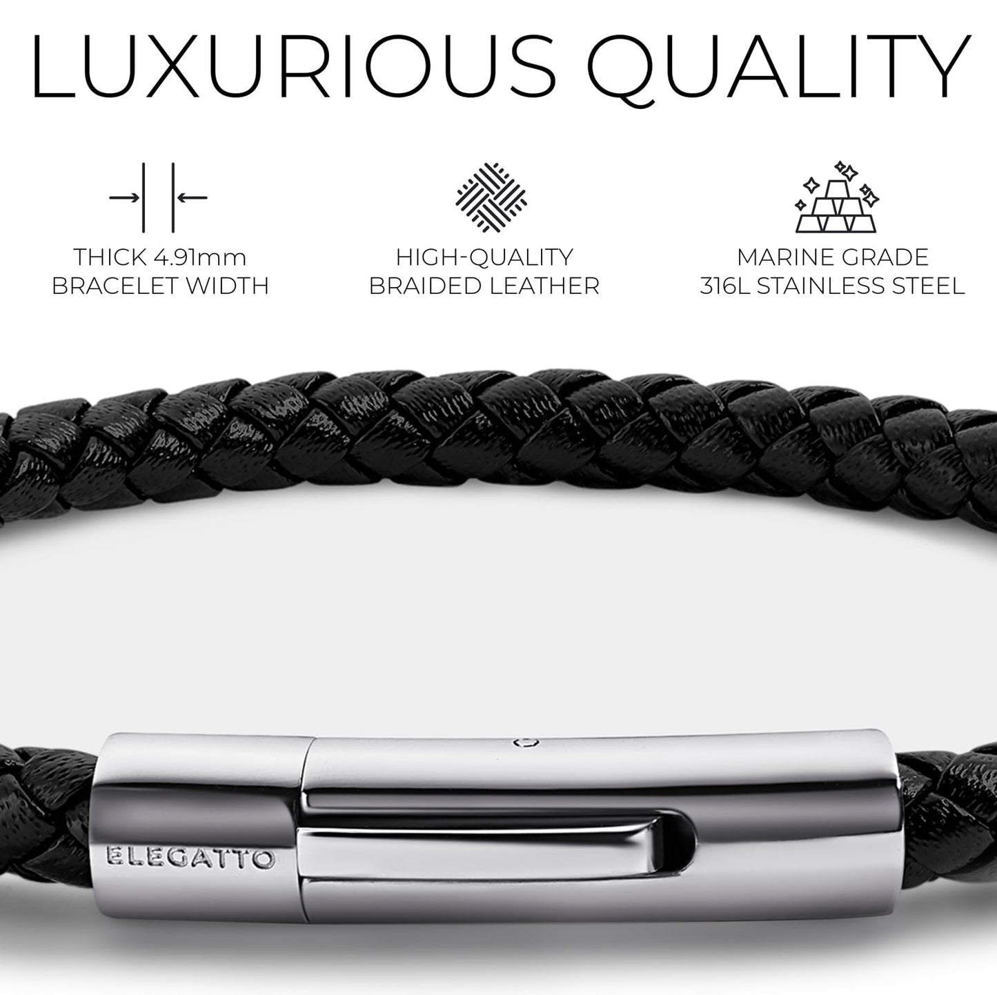 Elegatto Elagio Premium Braided Leather Bracelet for Men | Full-Grain Braided Leather with Sterling Silver Polished Stainless Steel Clasp | Men’s Designer Bracelets | Extra Small