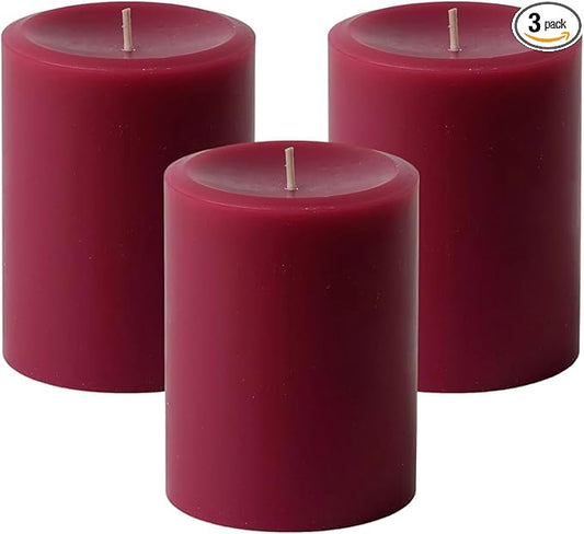 Mister Candle Dripless Unscented Pillar Candles, Set of 3 Hand Poured Solid Color Non-Scented Candles for Home Decor, Premium Wax, 60 Hr Burn Time - 3x4 Inch, Burgundy