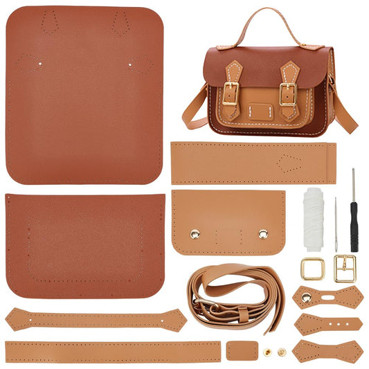 WADORN DIY Crossbody Bag Making Kits, PU Leather Shoulder Bag Sewing Set with Instruction Handmade Satchel Handbag Making Kit Purse Sewing Kit for Women Handicraft Gift, 9.8x3.5x6.7 Inch(Brown+Khaki)