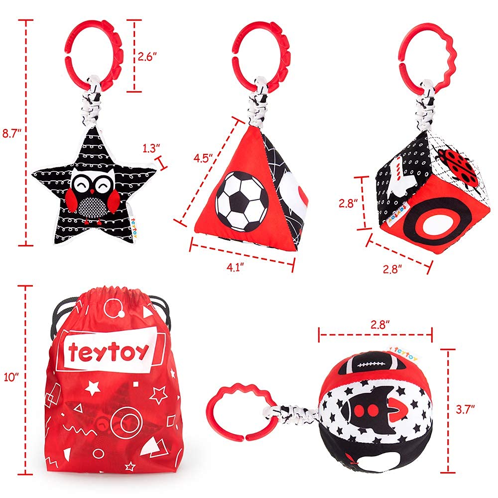 teytoy High Contrast Baby Stroller Toy, Black and White Infant Pattern Toys with Rattle, Easy Clip Hanging Toys, Stroller Crib Carseat Toy, Newborn Baby Toys for 0 3 6 9 12 Month
