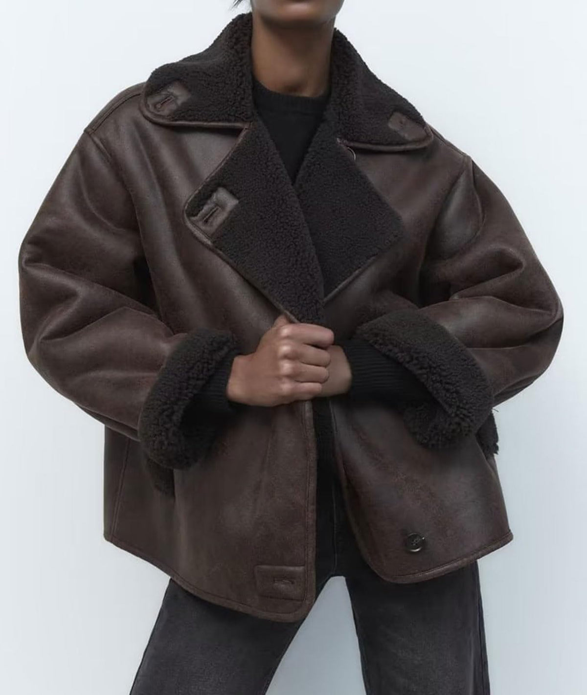 loveimgs Women Thicken Sherpa Lined Faux Suede Jacket Oversized Leather Coat Shearling Fleece Moto Jacket Biker Winter Overcoat (Medium, Brown)