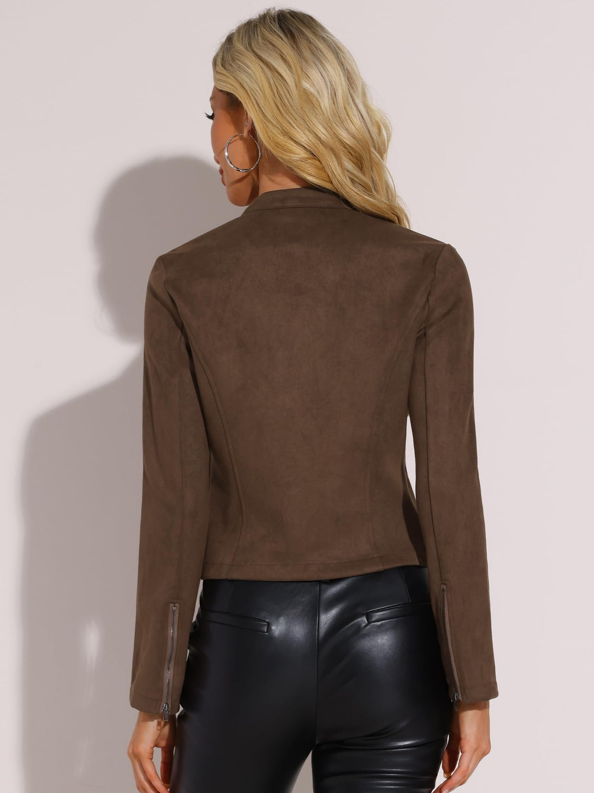 Allegra K Women's Faux Suede Jacket Stand Collar Zip Up Long Sleeve Motorcycle Biker Coat Small Dark Brown
