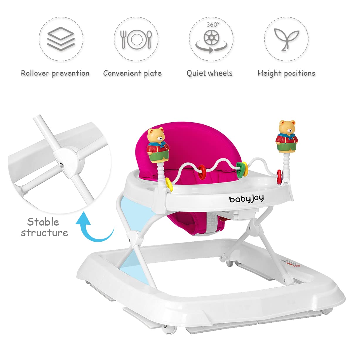 BABY JOY Baby Walker, Foldable Activity Walker with Adjustable Height, Large Tray & Removable Toys, Baby Walker with Wheels for Boys Girls 6-18 Months (Pink)