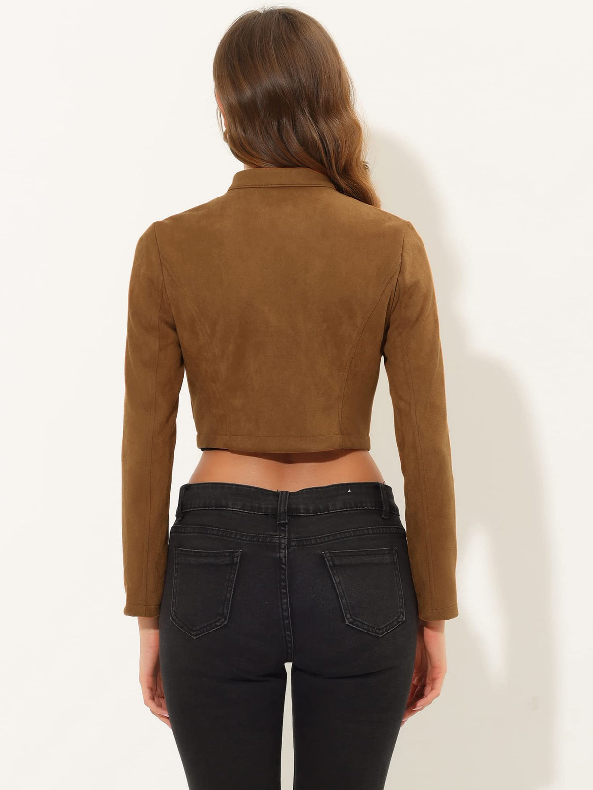 Allegra K Cropped Jacket for Women's Double Breasted Zip Up Faux Suede Jacket Medium Brown