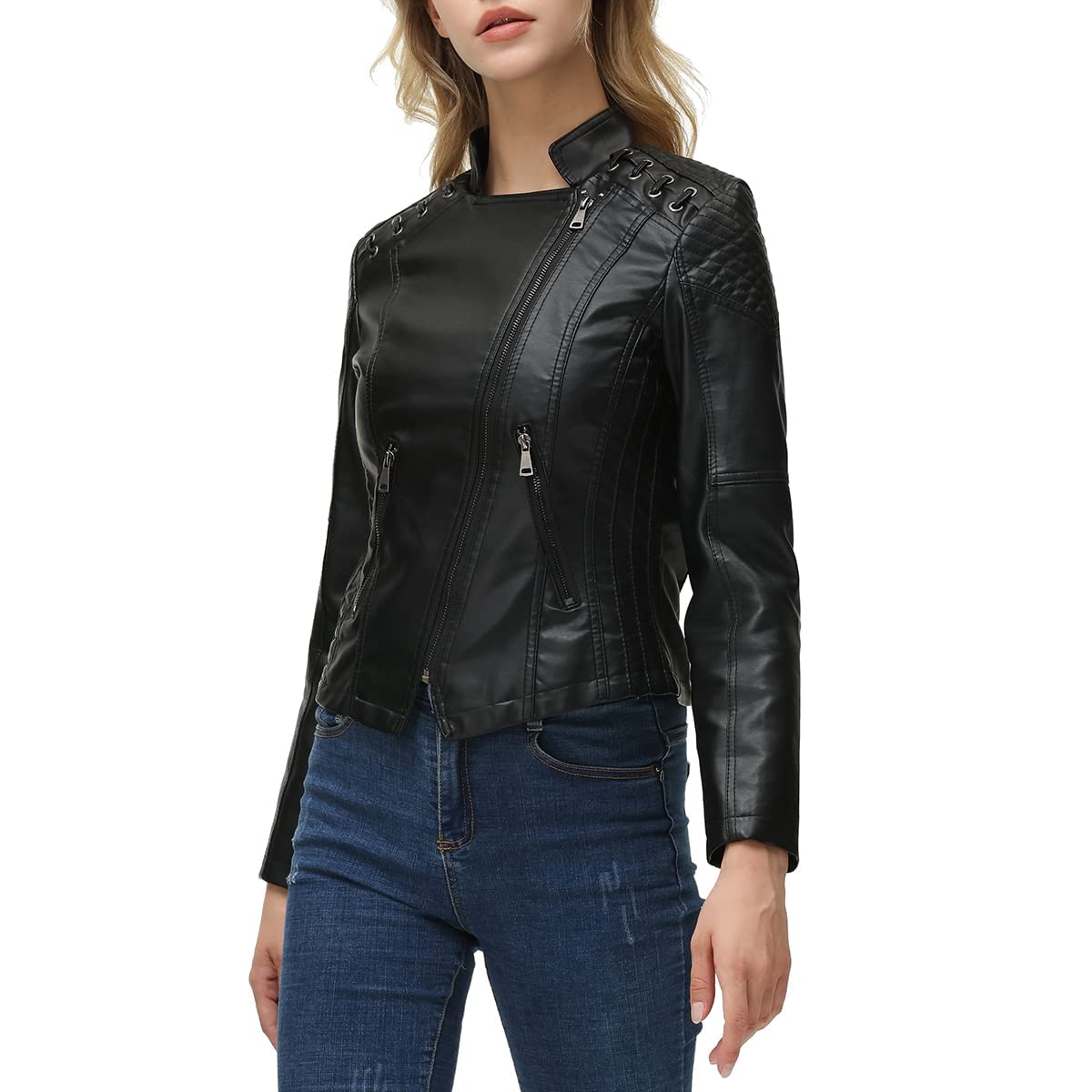 MODFUL Women's Faux Leather Moto Jacket Casual Short Solid Color PU Biker Coat with Pockets(Black,Large)
