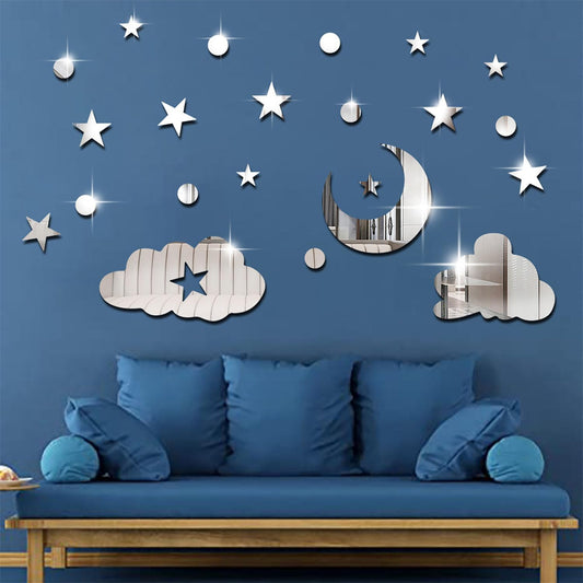 3D Moon Cloud Star Mirror Wall Decor,Star DIY Art Wall Decals Self Adhesive Decorative Stickers Decals for Kids Baby Nursery Living Room Bedroom Children's Room Playroom Decorations