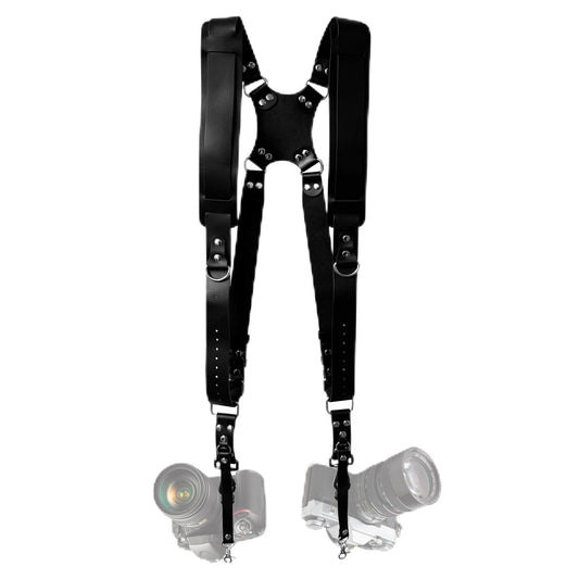 Yunzuiyue Double Camera Strap, Shoulder Camera Strap Harness Leather Dual Camera Strap for Two DSLR/SLR Cameras, Adjustable (Black