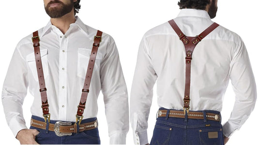 SILKSEA Leather Suspenders for Men Heavy Duty Y Back Adjustable Solid Brace Men's Big & Tall Suspenders for Dress Pants with Snap Clips Hooks, Brown