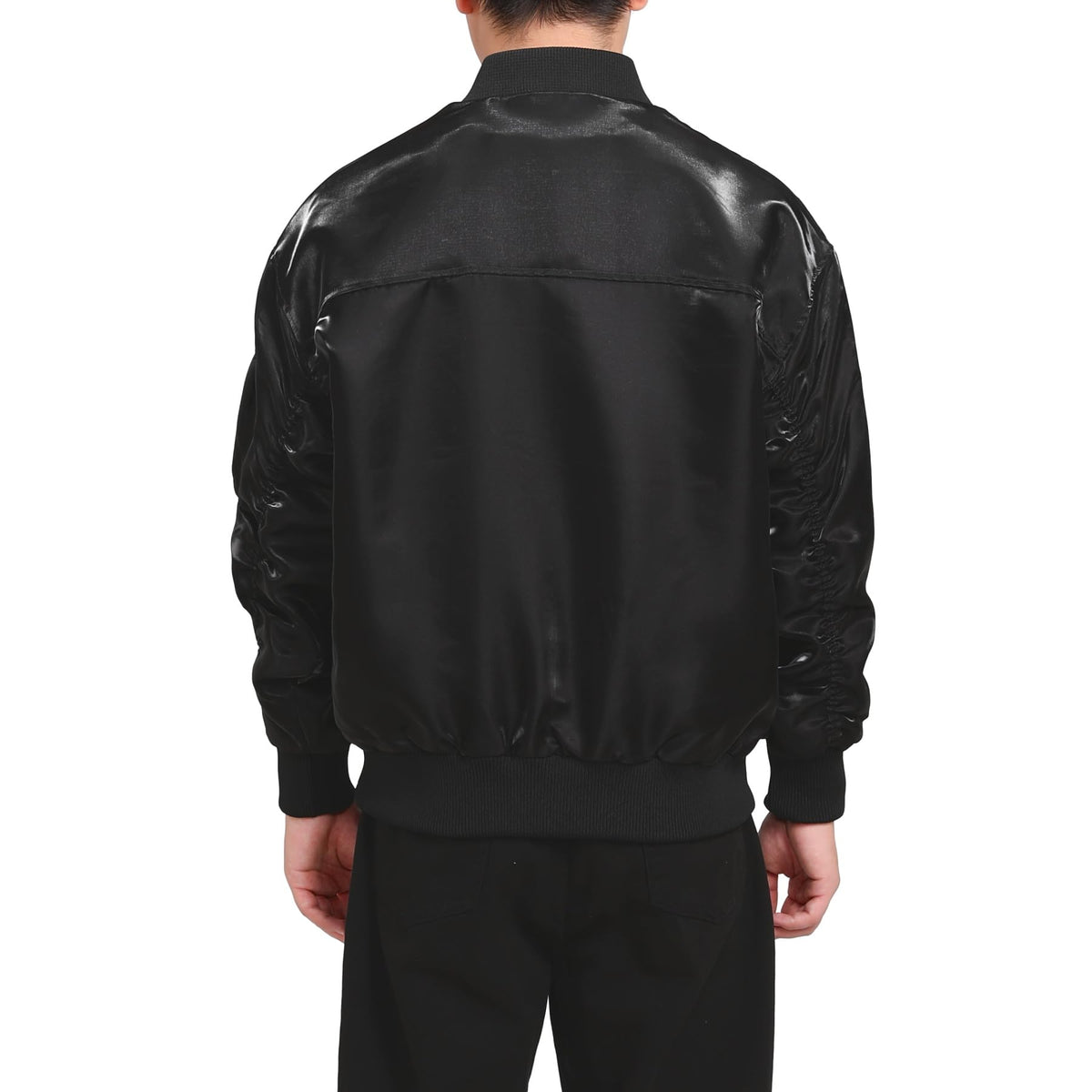BYBNOLL Men's Satin Bomber Jacket Full Zip Flight Coat with Sleeve Pocket (Black,L)