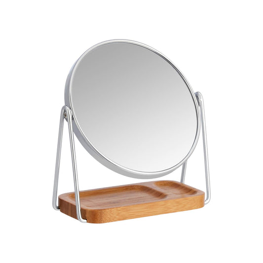 Amazon Basics Vanity Round Tabletop Mirror with 360° Rotation, Double Sided 1x/5x Magnification, Chrome Finish, Squared Bamboo Tray, 7.2"L x 3.35"W