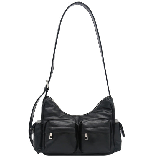 FashionPuzzle Glossy PU Leather Multi Pocket Shoulder Bag Hobo (Black)