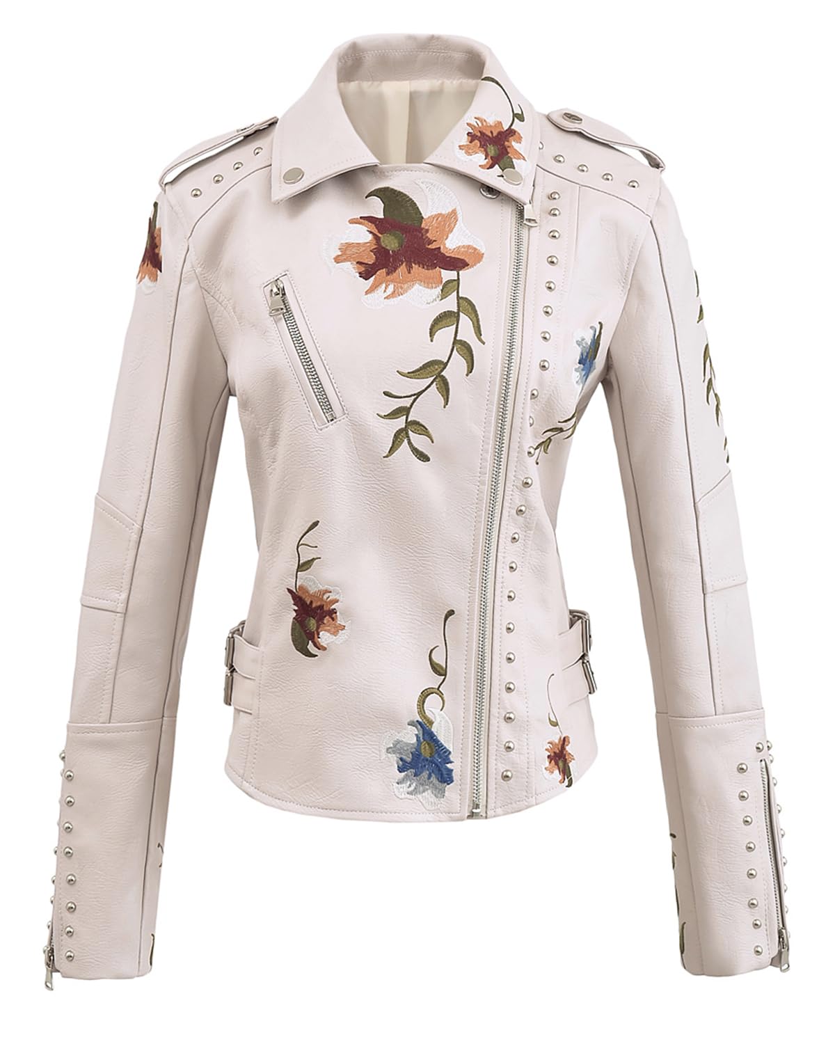 YILANUOYI Women's Embroidered Studded Faux Leather Jacket Moto Punk Jacket Floral Coat (M, XHPY Beige)