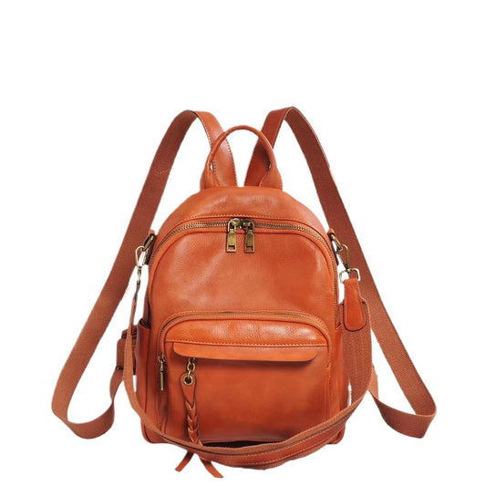 Vyrnox Vintage Genuine Leather Backpack for Women Layer Cowhide Retro Anti-theft Bag with Zipper Buckle for Daily Commute (orange)
