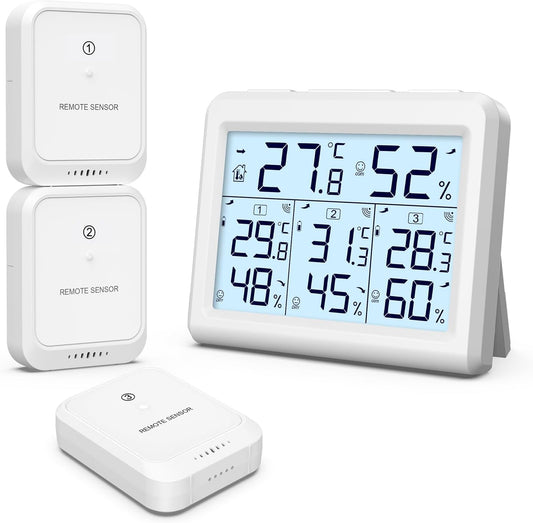 ORIA Digital Indoor Outdoor Thermometer - Wireless Temperature & Humidity Gauge with 3 Sensors | LCD Backlight, White