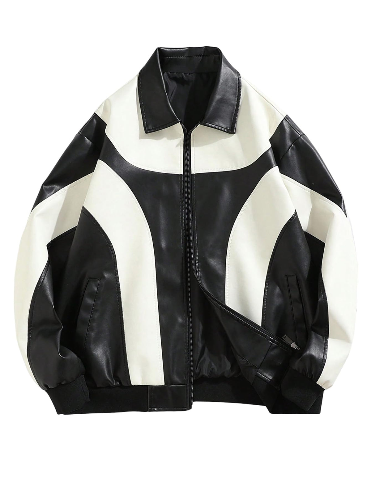 BEAUDRM Men's Y2k PU Leather Jacket Color Block Motorcycle Coat Zip Up Long Sleeve Outerwear with Pockets Streetwear Black and White X-Large