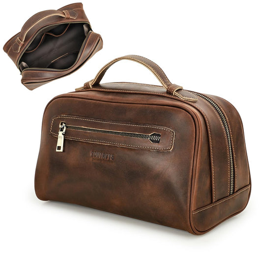 Contacts Full Grain Leather Travel Toiletry Bag for Men Wash Bag Bathroom Shaving Dopp Kit Toiletries Organizer Vintage Cosmetic Bag