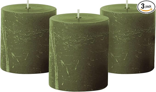 Simply Soson 3x3 inch Dark Moss Green Pillar Candles Set of 3, Rustic Texture, Unscented Green Candles, Dripless Candles, 3 inch Pillar Candles for Wedding Parties Spas Dinner Home Decoration Church