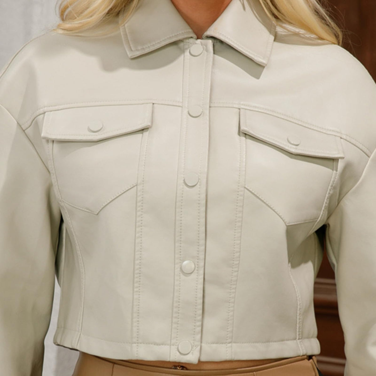 Women's Faux Leather Jacket Classic Button-Down Style, Cropped Length with Front Pockets PU Moto Bike Outwear Coat (US, Alpha, Medium, Regular, Regular, White)