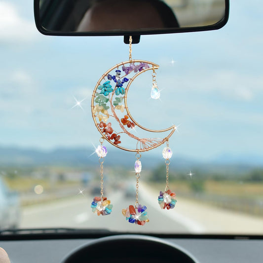 Colorful Moon Car Pendant, Sun Catcher Crystal Stone Craft, Dream Catcher Car Rear View Mirror Charm, Car Hanging Decorative Accessories, Car Interior Ornament for Room Window Wall