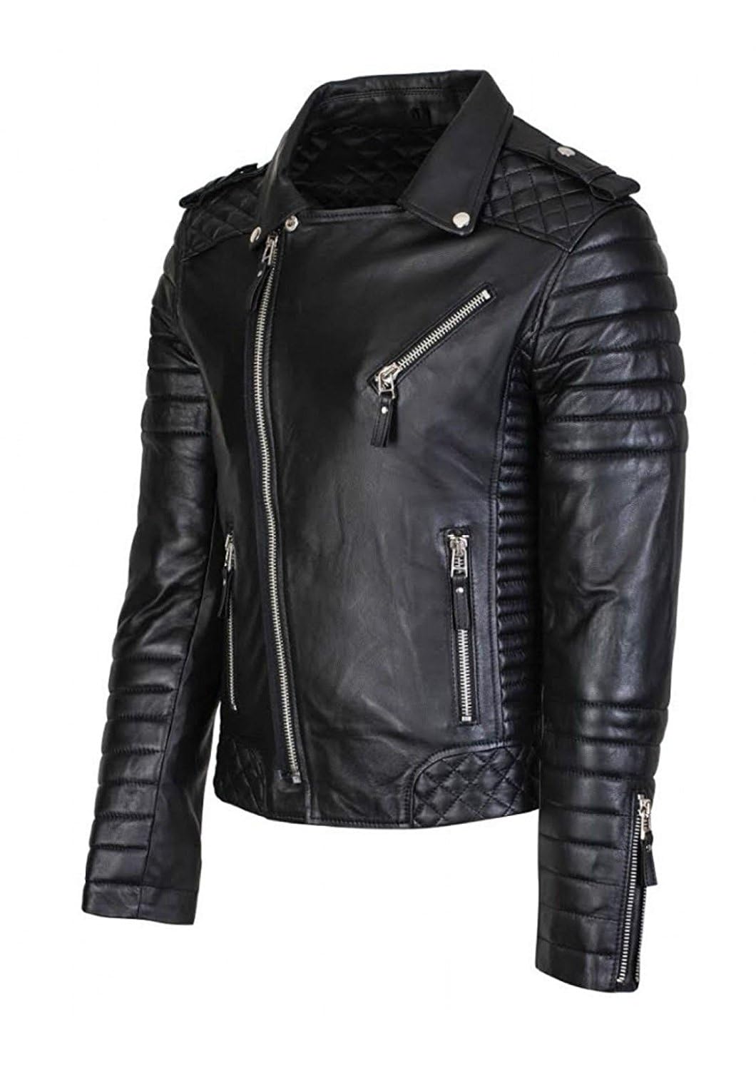 DECIMAL Men's Black REAL Lambskin Leather Biker Jacket VINTAGE GENUINE MOTORCYCLE JACKETS FOR MEN (US, Alpha, Medium, Regular, Regular, C BLACK)