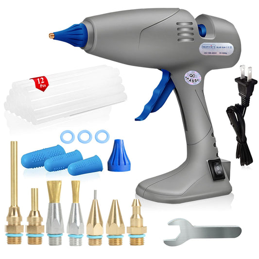 MONVICT Hot Melt Glue Gun with 7 Copper Nozzles, 3 Silicone Finger Covers, 12 Glue Sticks Dual Temperature Switching, Corded Detachable Cord Use Stand-Up Base Anti-drip for Art DIY Craft repair