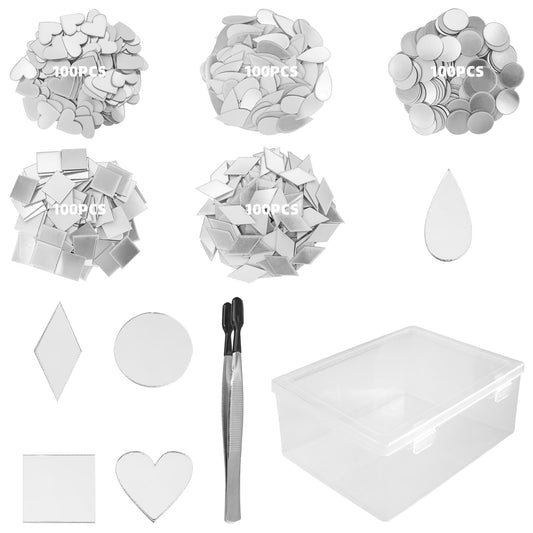 Mirror Mosaic Tiles - 500PCS Small Craft Mirrors for DIY Art & Home Decor | 5 Shapes (Diamond, Heart, Round, Teardrop, Square) | Includes Plastic Storage Box & Black Tweezers | Shatterproof
