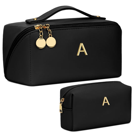 CLOUDWINGS Birthday Gifts for Women Teen Girl, Personalized Initial Makeup Organizer Bag Set, Open Flat Travel Cosmetic Bag With Clear Divider and Handle(Black,A)