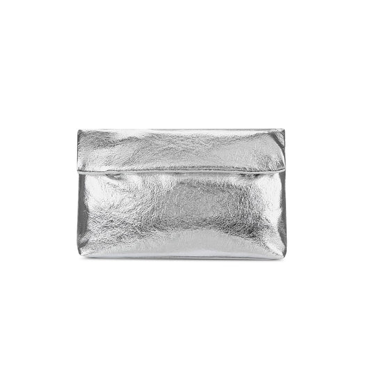 MXCMXC Women's Evening Clutch Bag Metallic Crinkled Leather Clutch Purse, Fold-over Handbag Envelope Purse with Hidden Magnetic (Silver)