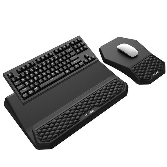 3-in-1 Ergonomic Keyboard Stand with Wrist Rest & Mouse Pad Set, Comfy Keyboard Riser Holder Soft Mousepad with Massage Design, Memory Foam and Non-Slip PU Base for Pain Relief, Black