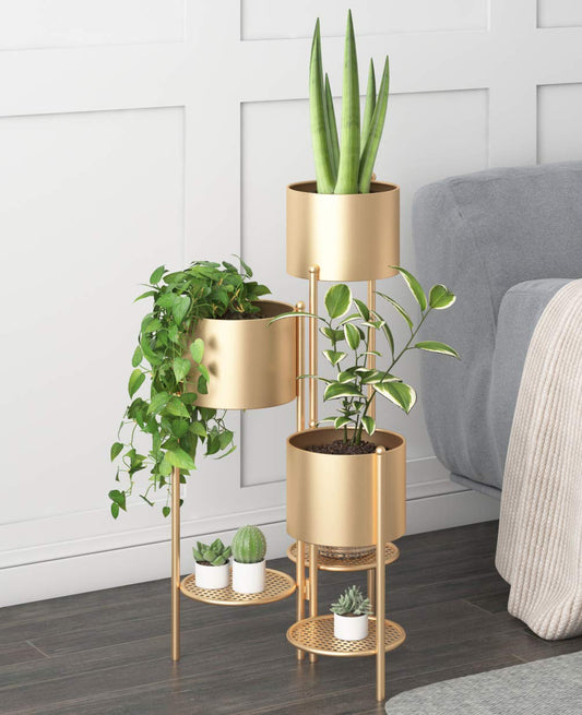AISUNDY Metal Plant Stand, 6 Tier 6 Potted Indoor Gold Flower Pot Stand Holder Shelf, Foldable Decorative Display Rack for Multiple Potted Plants, Patio Garden, Living Room, Corner Balcony & Bedroom