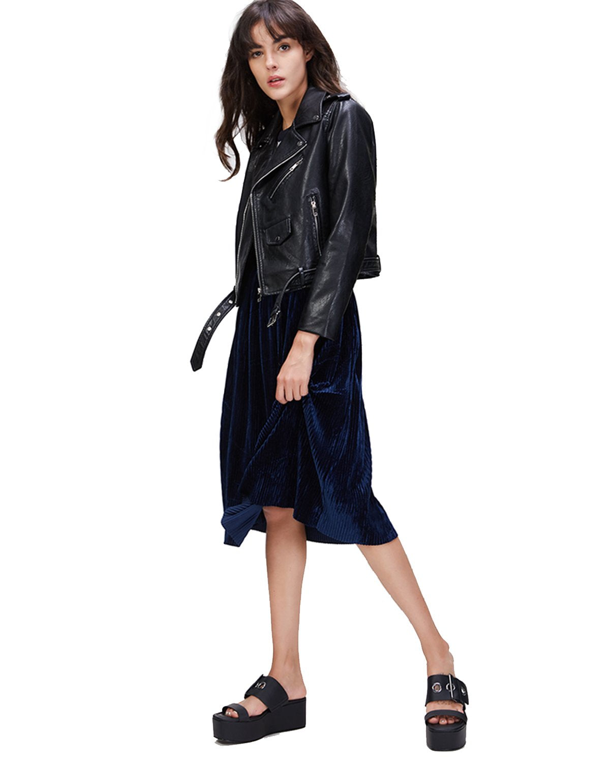 LY VAREY LIN Women's Faux Leather Motorcycle Jacket PU Slim Short Biker Coat (L, Black)