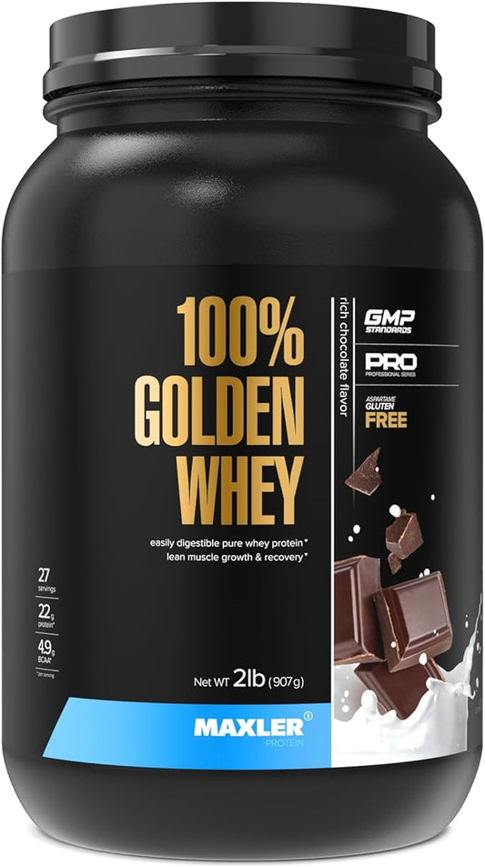 Maxler 100% Golden Whey - 22g of Protein per Serving - High Protein, Low Fat, Low Carb, Complete Amino Acid Profile - Rich Chocolate Protein 2 lb