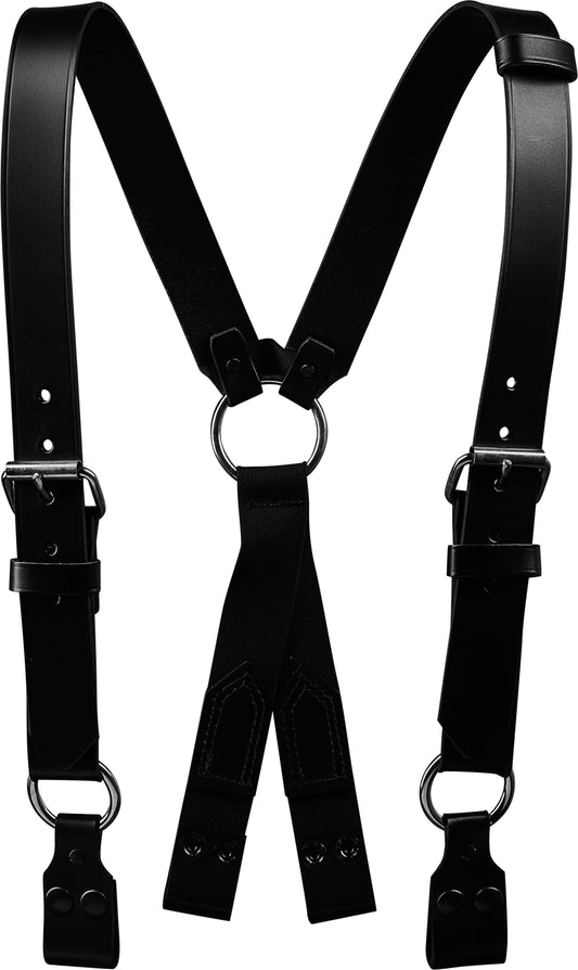 JAY-PEE Firefighter Leather Suspenders with Loop Attachment - Full Grain Black Leather, 4-Point Connection Adjustable Straps